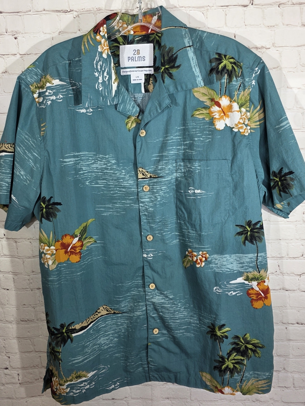 28 Palms Men's Tropical Hawaiian Shirt Large Teal Hibiscus‎ Palm Tree Aloha